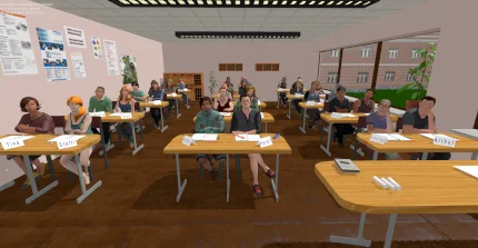 Eine Schulklasse sitzt in einem virtuellen Klassenzimmer.