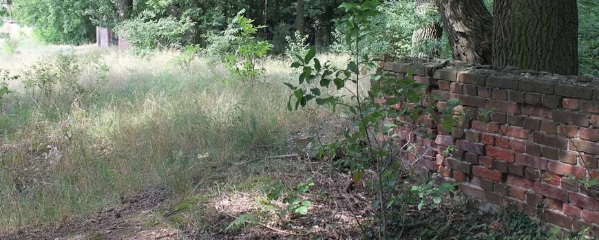 Zerstörte Mauer des abgeräumten Begräbnisfelds und der restaurierte Bereich im Hintergrund