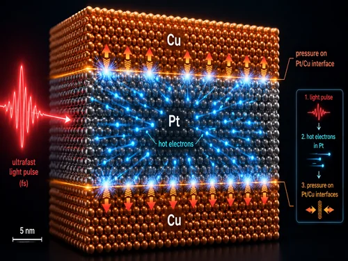 Graphic for paper "Electron pressure drives THz phonons in metal–metal superlattices"