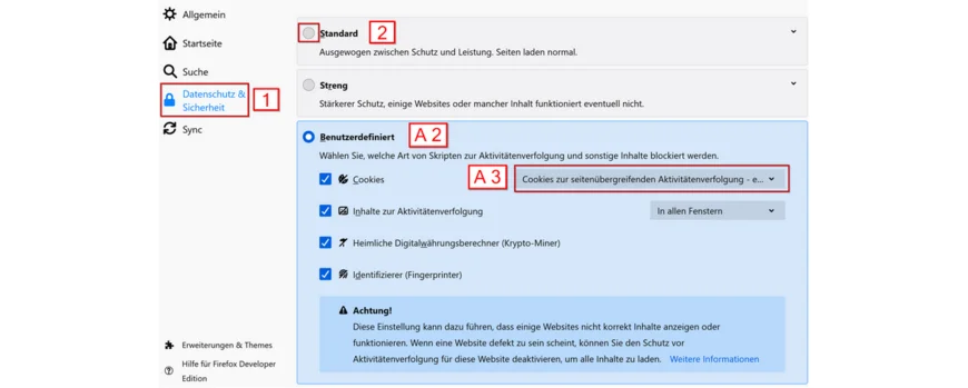 Einstellungen im Menü beim Browser Firefox