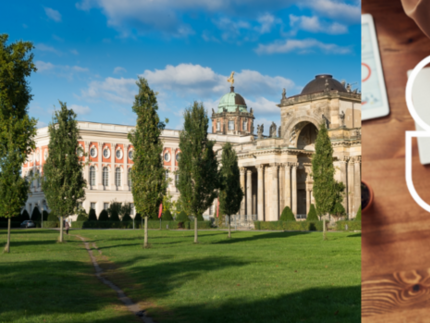 Campus Neues Palais und Schriftzug European Digital UniverCity vor übereinander gelegten Händen