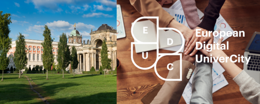 Campus Neues Palais und Schriftzug European Digital UniverCity vor übereinander gelegten Händen