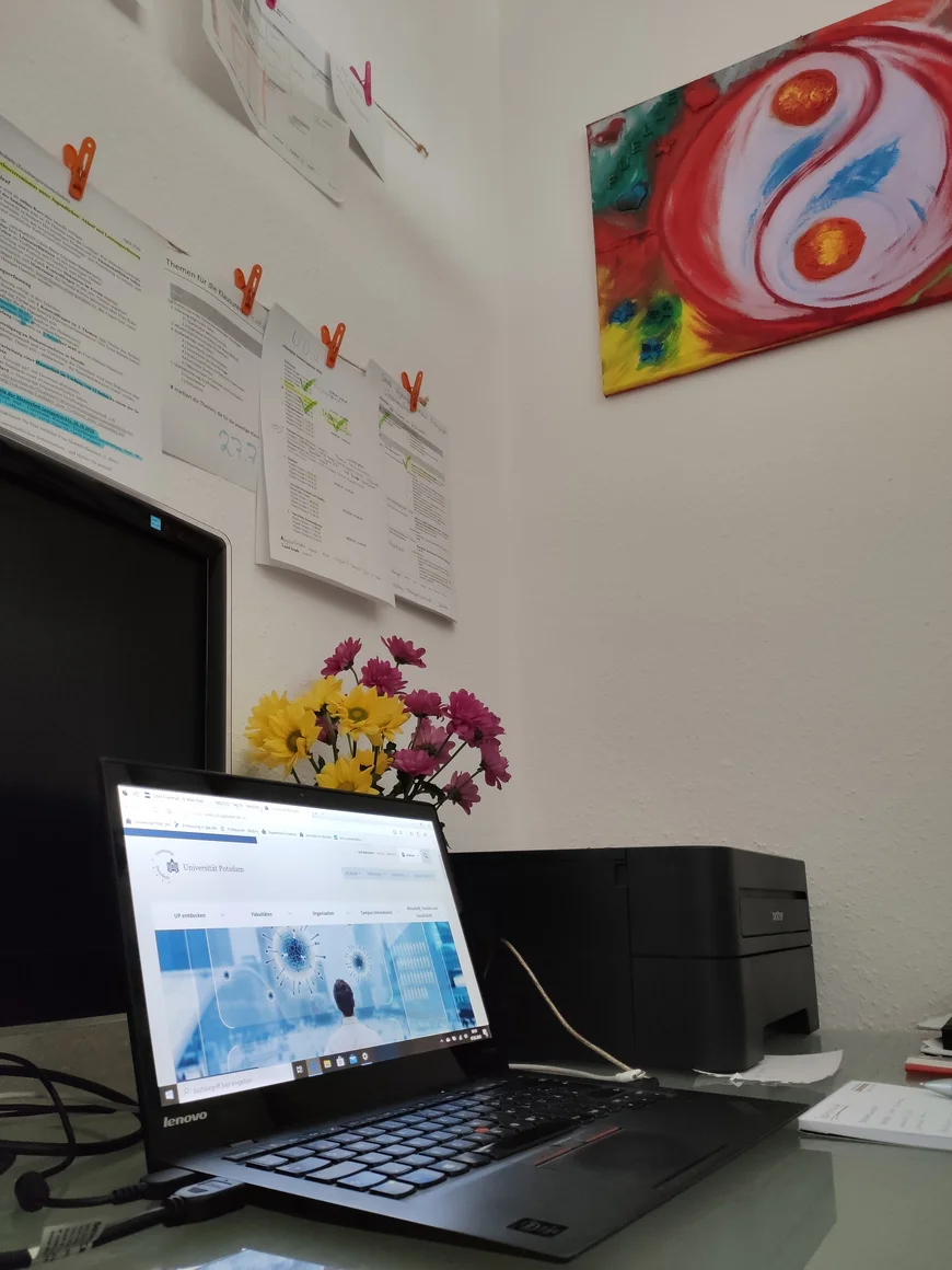 Ein Laptop und ein Drucker auf einem tisch. an der Wand hängenausgedruckte Notizen und ein buntes Bild mit abstrakten Mustern
