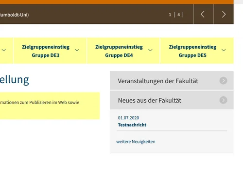 Darstellung der Nachrichtenbox auf der Startseite eines großen Webprojekts mit Bühne