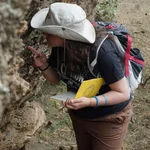 Eine Masterstudentin untersucht einen Lavastrom am Eingang des Hells Gate Nationalparkes.