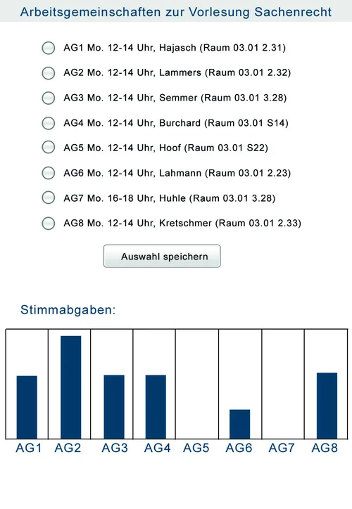 Screenshot mit Einschreibung in AG wo man eine AG auswählen kann und ein Balkendiagramm die Belegung anzeigt