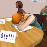 Eine Schüler aus dem virtuellen Klassenzimmer liegt mit dem Kopf auf dem Tisch und schläft.
