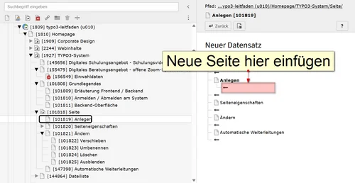 Übersicht, in der Sie die genaue Position der neuen Seite bestimmen können