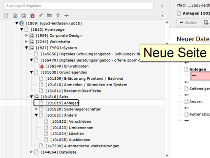 Übersicht, in der Sie die genaue Position der neuen Seite bestimmen können