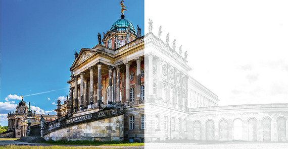 Auf dem Foto ist das Haus 9 der Communs auf dem Campus "Am Neuen Palais" zu sehen - in Gegenüberstellung Heute (links) und in Vergangenheit (rechts)