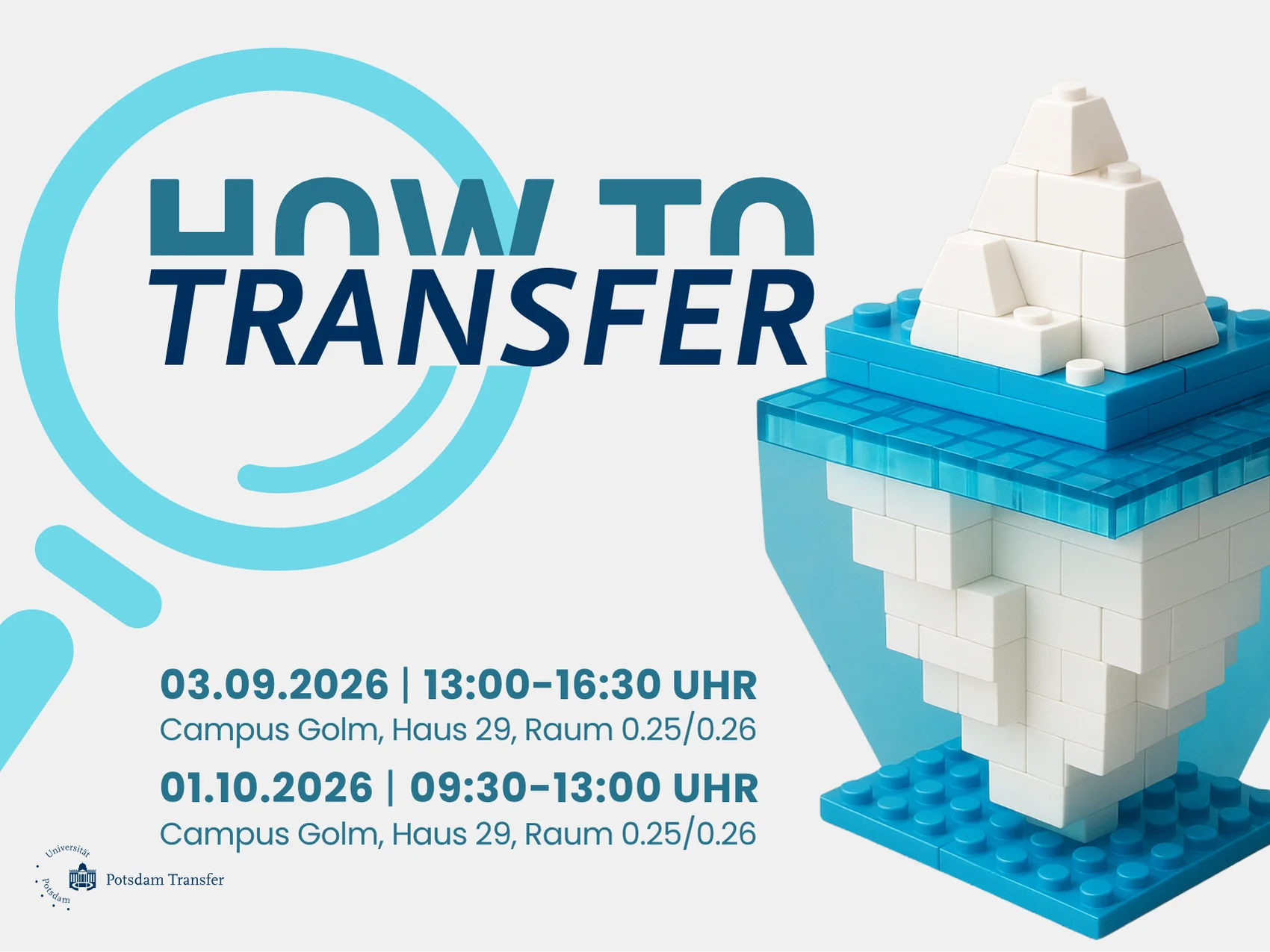 Ankündigungspostkarte für den Workshop „How to Transfer" von Potsdam Transfer. Zu sehen ist ein aus LEGO-Steinen gebautes Eisberg-Modell in Weiß und Blau. Termine: 3. September 2026, 13:00–16:30 Uhr, und 1. Oktober 2026, 9:30–13:00 Uhr, jeweils Campus Golm, Haus 29, Raum 0.25/0.26.
