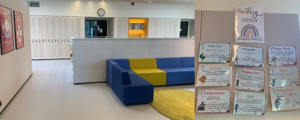 Collage aus dem Inneren des Schulgebäudes mit Leseecke und Pinnwand - 