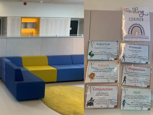 Collage aus dem Inneren des Schulgebäudes mit Leseecke und Pinnwand