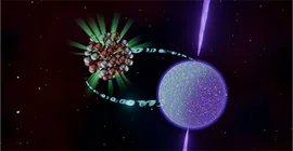 Artistic representation of a neutron star and an atomic nucleus.