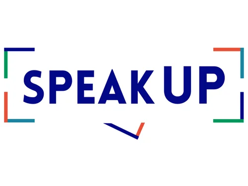 Das Wort Speak UP auf weißem Hintergrund mit buntem Rahmen