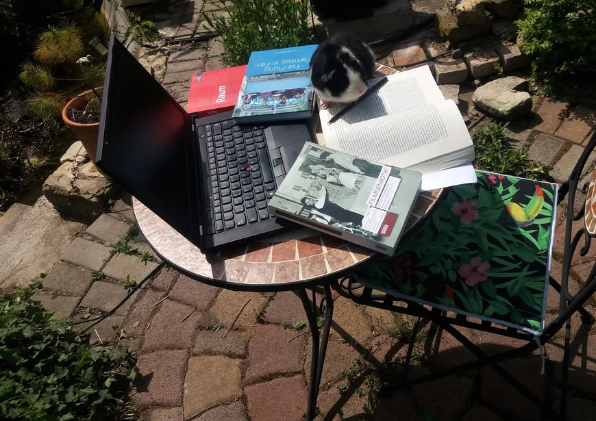 Auf einer Terasse ist ein kleiner, runder Tisch von oben zu sehen. Darauf befinden sich ein Laptop und einige Bücher. Mittendrin sitzt ein kleines schwarz-weiß-geschecktes Meerschweinchen