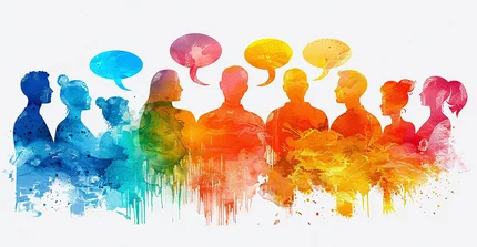 Beispielbild mit bunten Silhouetten von Menschen und Sprechblasen.