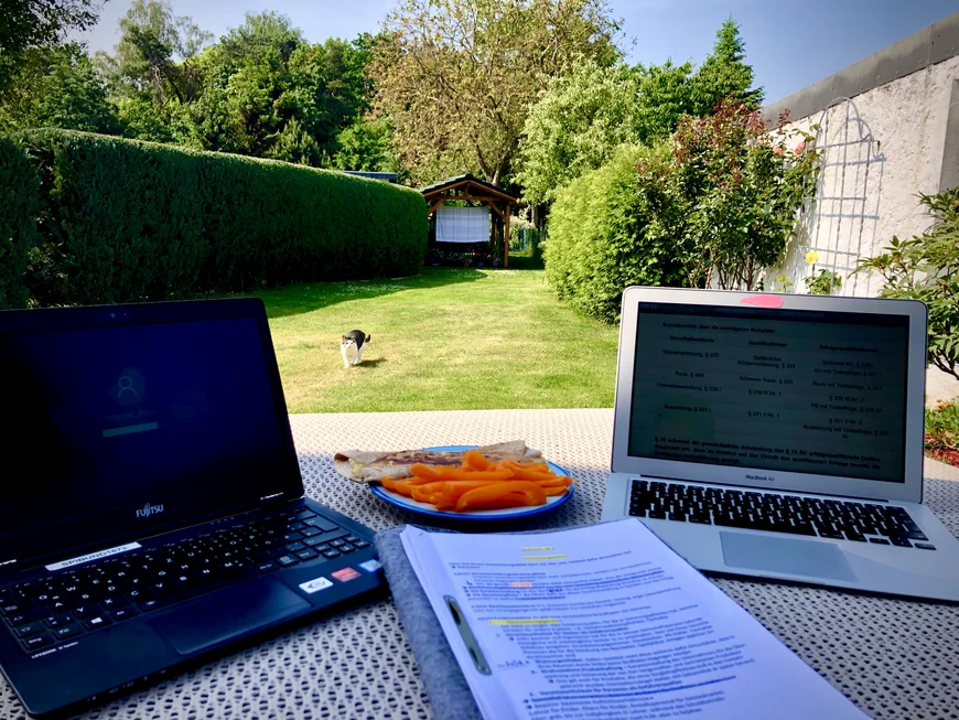 Über einen Tisch, auf dem 2 Laptop, Dokumente und ein Teller mit Essen stehen hinwegfotografiert in einen Garten. Eine Katze läuft über den Rasen auf den Tisch zu