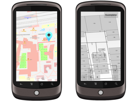 The picture shows a route planner on a mobile terminal optimized for the visually impaired.