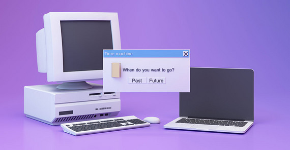 Links: ein alter Computer, rechts: ein neuer Laptop. Vorn: ein Windows-Fenster mit dem Text "When do you want to go?" und die Auswahlmöglichkeiten als Button "Past" und "Future"