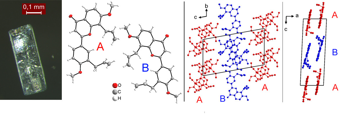 Single crystal, asymmetric unit and molecular packing of an isoflavone - Publication AK Schmidt. - zu den Publikationen