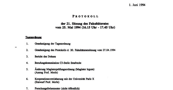 Tagesordnung des 21. Fakultätsrats am 25.05.1994.