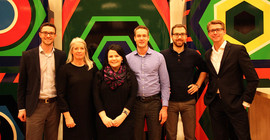 fltr: Anselm Geiger (Pearls – Potsdam Research Network), Tina Thomsen (BJERK Invest), Silvana Seppä (Press and Public Relations Department of the University of Potsdam), Dr. Jonas Krebs (EU-Office of the University of Potsdam), Wulf Bickenbach (Potsdam Transfer) und Gordon Grill (President’s Office of the University of Potsdam), Foto: Jacob Hille