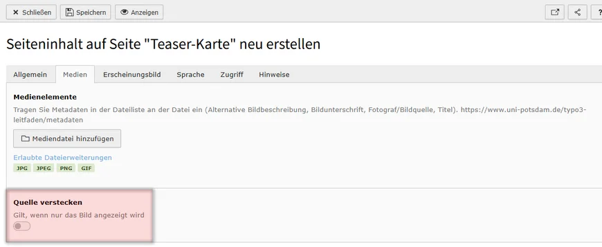 Aktivieren Sie das Feld "Quelle verstecken", wenn Sie ein Bannerbild ohne Quellenangabe einfügen möchten, zum Beispiel um ein Logo einzubinden.