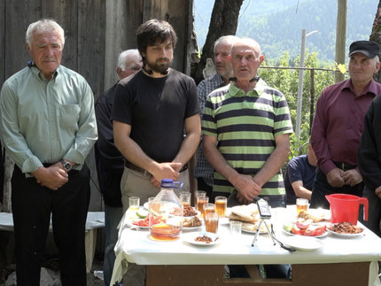 Svan funeral singers in the village of Latali.