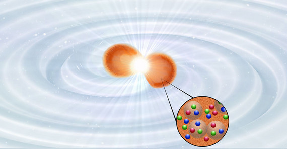 Ausstoß von elektromagnetischen und Gravitationswellenemissionen während der Kollision zweier Neutronensterne. Die kombinierte Interpretation mehrerer Botensignale erlaubt eine Prognose zum inneren Aufbau der Neutronensterne, um die Eigenschaften der Materie unter den extremsten Bedingungen des Universums zu verstehen. | Bildrechte: Tim Dietrich