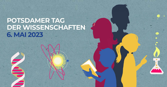 Überschrift: Potsdamer Tag der Wissenschaften, 6. Mai 2023, Grafik: Bunte Silhouetten von 4 Personen, die sich mit Wissenschaft beschäftigen.