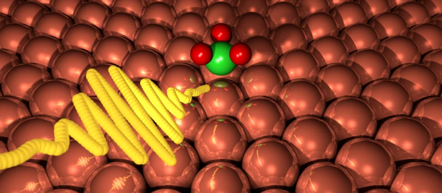 Künstlerische Darstellung eines Laserpulses, der ein Ammoniakmolekül auf einer Cu(111)-Oberfläche trifft.