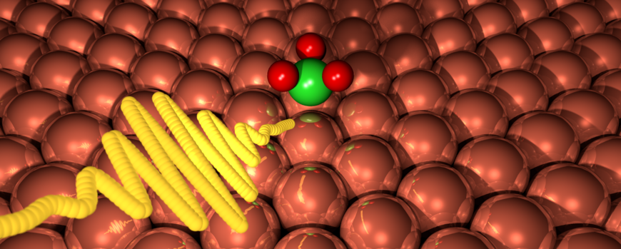 Künstlerische Darstellung eines Laserpulses, der ein Ammoniakmolekül auf einer Cu(111)-Oberfläche trifft.