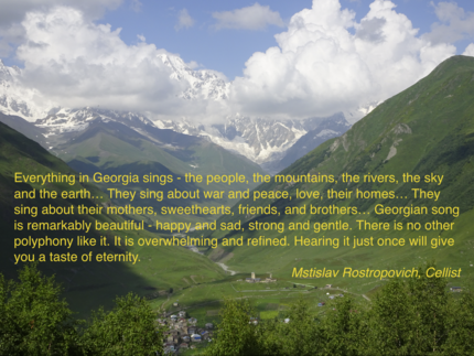 View from Tamar's castle above Ushguli into the direction of mount Shkhara superimposed by a praise of Georgian music by Rostropowitsch.