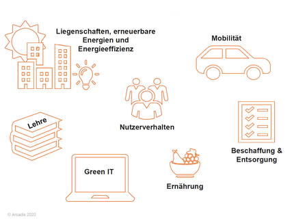 Es wurden sieben Fokusfelder im Rahmen des Konzepts bearbeitet: Liegenschaften und deren Energieeffizienz Nutzung erneuerbarer Energien Mobilität Ernährung Green IT Beschaffung und Entsorgung Lehre