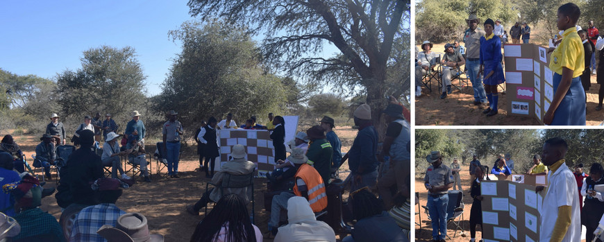 Presentations at NamTip Final Meeting School learners standing in front of posters in front of an audience of community members and scientists standing outdoors under a large tree