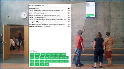 Panel, das an der Wand neben der Mensatür hängt und eine Vergrößerung der Anzeige mit den aktuellen Daten der Räume