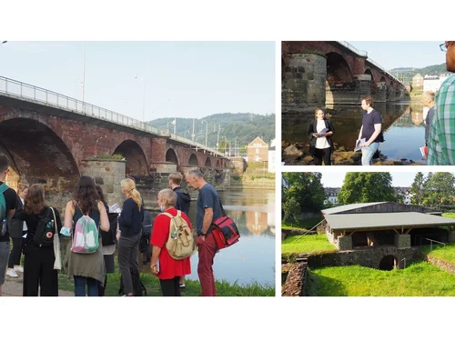 Collage verschiedener Momentaufnahmen. Studierende vor dem Amphiteater in Trier. Kellergewölbe des Amphitheaters. Überreste der Barbarathermen. Studierende vor Granitsäule des Quadratbaus des Doms.