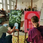 Die Skizzen aus dem Park Sanssouci wurden im Atelier auf die Leinwand übertragen.