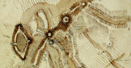 Ausschnitt einer Tagebuchseite mit einer mit der Hand gezeichneten Karte