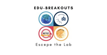 Verschiedenfarbige Kreise und Schriftzug "Edu-Breakouts – Esc@pe the Lab"