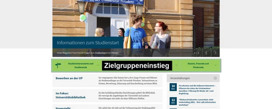 Der Zielgruppeneinstieg besteht aus mindestens 2 und maximal 5 gleich großen Feldern mit je max. 30 Zeichen