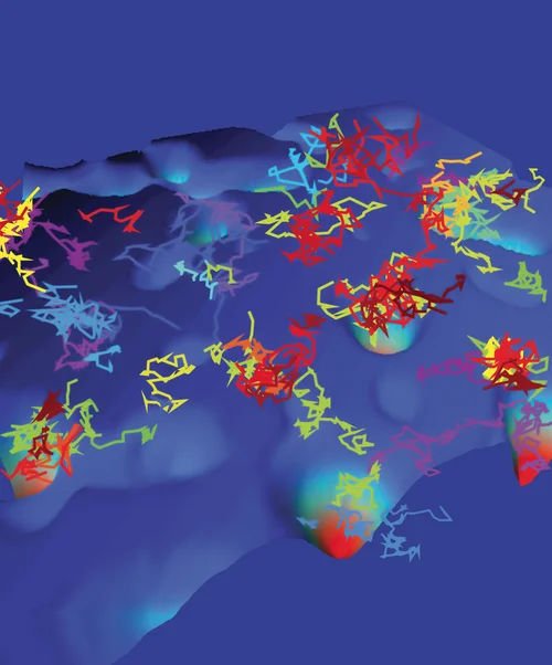 Trajectories of sodium channels moving on an energy landscape within the surface of hippocampal neurons. (Based on data from E. J. Akin et al., Biophys. J. 111, 1235, 2016.)