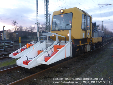 Beispiel einer Georadarmessung auf einer Bahnstrecke: eine gelbe Bahn steht auf einem Bahngleis mit einem Gestell vorne am Zug montiert, was die Georadargeräte hält