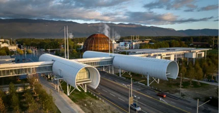 Luftbild des CERN in Genf, Schweiz
