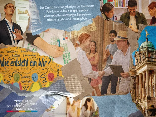 Collage aus verschiedenen Bildern mit Menschen, Gebäuden und Schrift