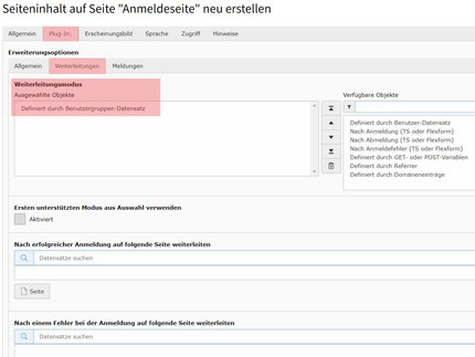 Anmeldeformular bearbeiten - Weiterleitungen