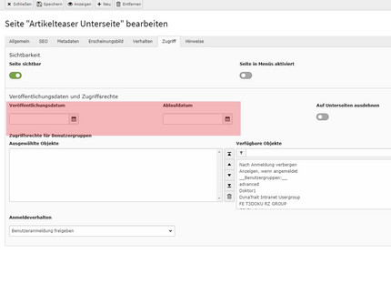 Veröffentlichungsdaten der Seite festlegen