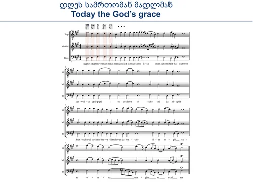 Score of the chant Dghres Saghrmto Manmadlman superimposed by the interval panels for the first few chords.