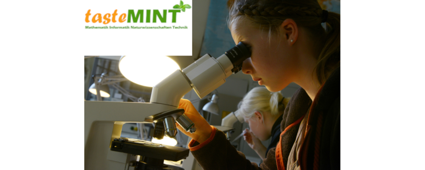 Eine Schülerin schaut durch ein Mikroskop